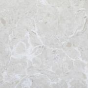 Close-up of a Quartz Alabaster slab, featuring a dense and intricate web of soft white veins on a cool, light grey background, creating a luminous effect