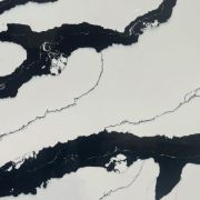 Detailed close-up of ST Quartz Calacatta Panda, showcasing the intricate details within the bold, solid black veins against the crisp white quartz base