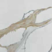 Detailed close-up of ST Quartz Calacatta Ragno, showcasing a beautiful, warm golden-brown vein edged with fine grey and dark hairline details on a white base