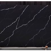 Full slab of ST Quartz Nero Marquina, a striking black quartz that replicates Nero Marquina marble with its dramatic white lightning-strike veins