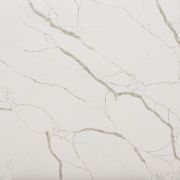 Slab of Nile Quartz Statuario, a luxury marble-effect quartz worktop with bold grey and beige veining on a white base. A timeless choice for kitchens.