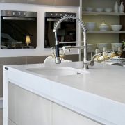 Silestone White Storm quartz worktop with a fully integrated sink fabricated from the same material, complete with a professional spray tap