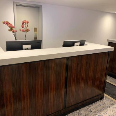 3 hotel reception desks clad in Caesarstone Quartz for a regular hotel client.